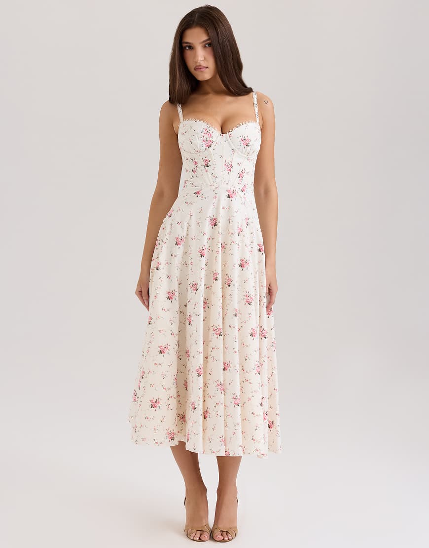 Steffani stretch cotton midi sundress in white rose print