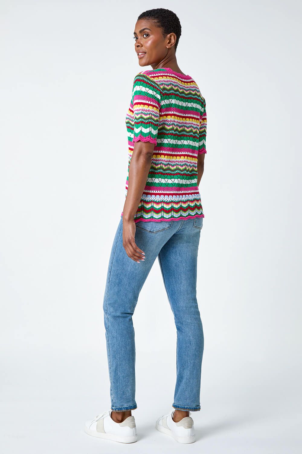 Roman Wave Print Knitted Cotton Top In Pink