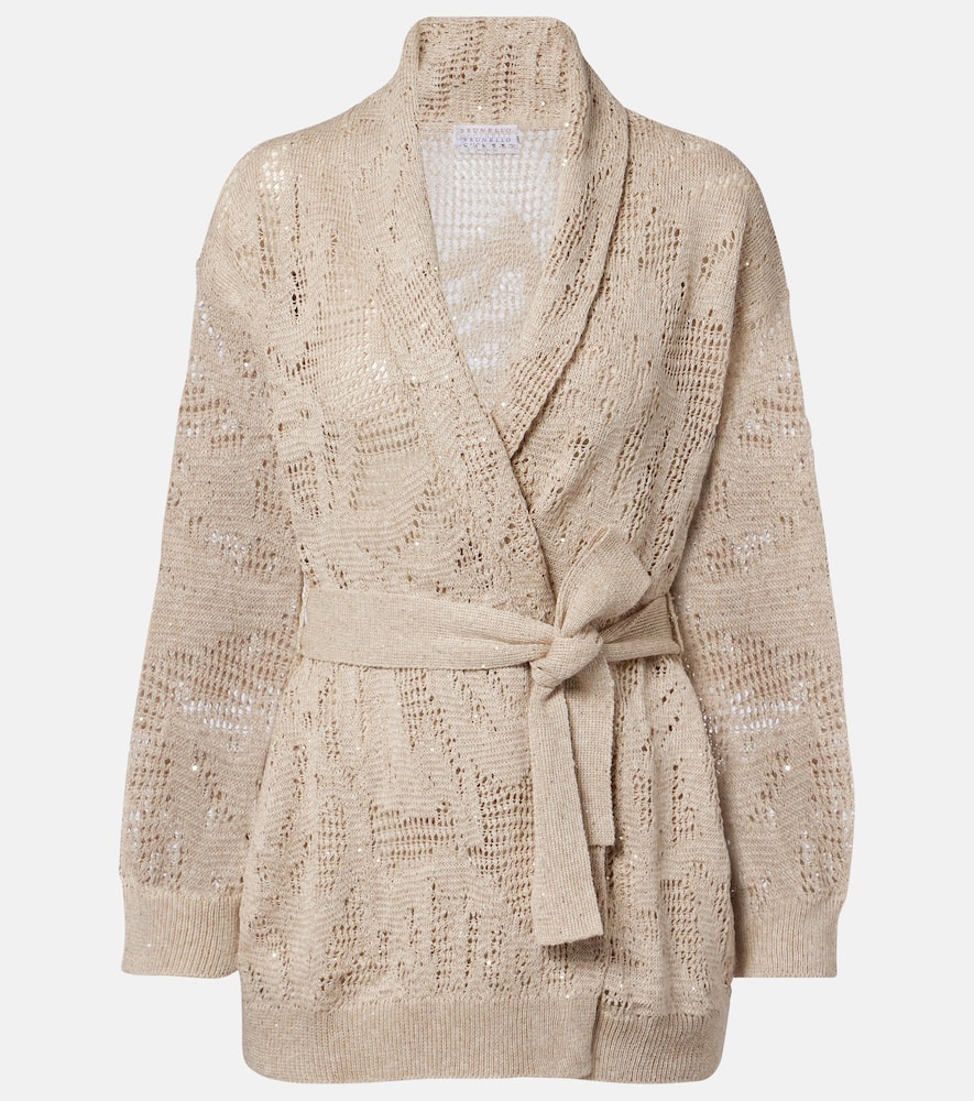 Open-knit linen and cotton wrap cardigan
