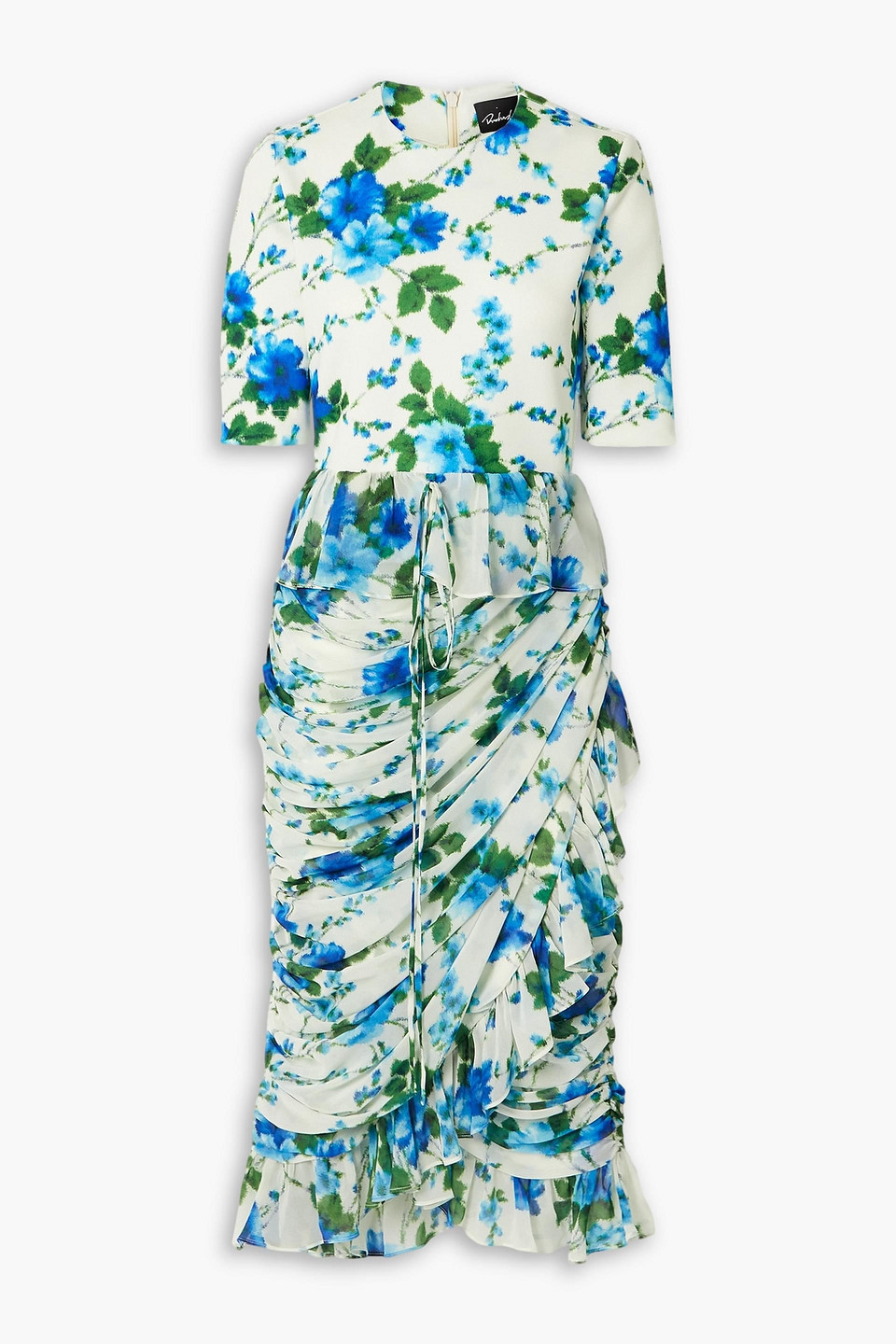 Ruffled ruched floral-print crepe de chine and jersey dress
