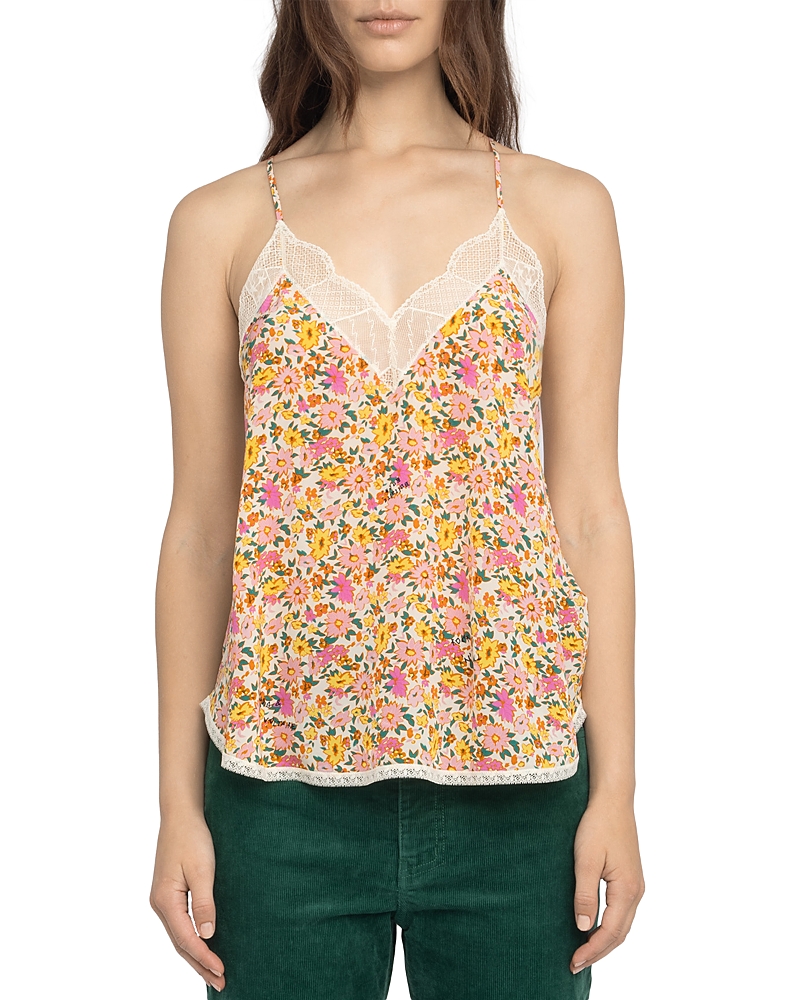 Floral-print lace-trim top - Orange