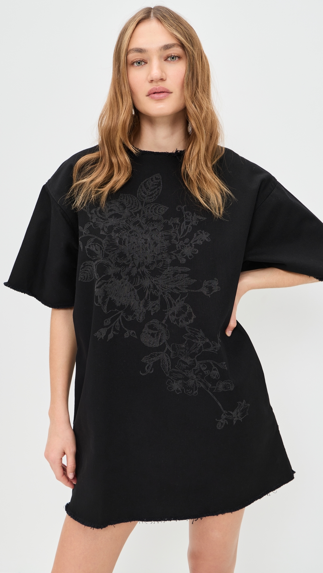 Flower Motif Drill T-Shirt Dress Black