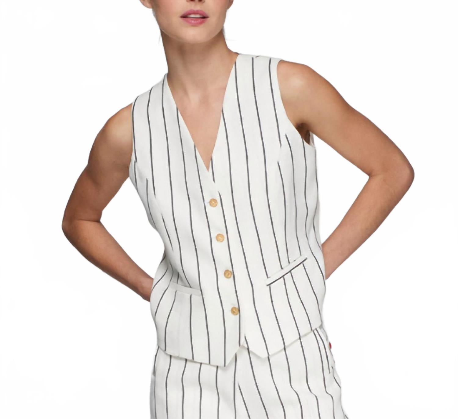 Pinstripe Button Down Vest In White And Black