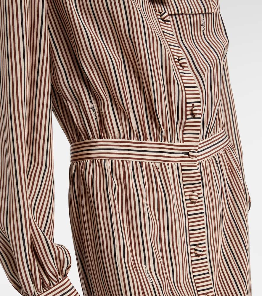 Striped tie-neck silk midi dress