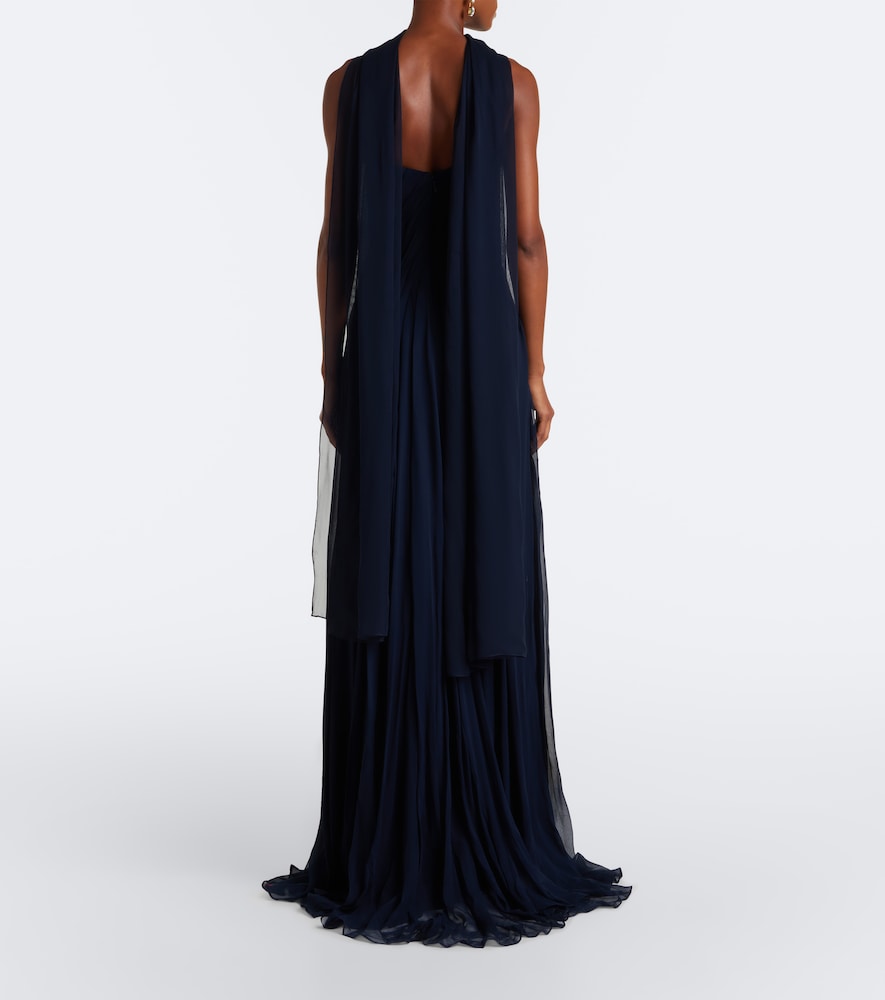 Scarf-detail draped silk bustier gown