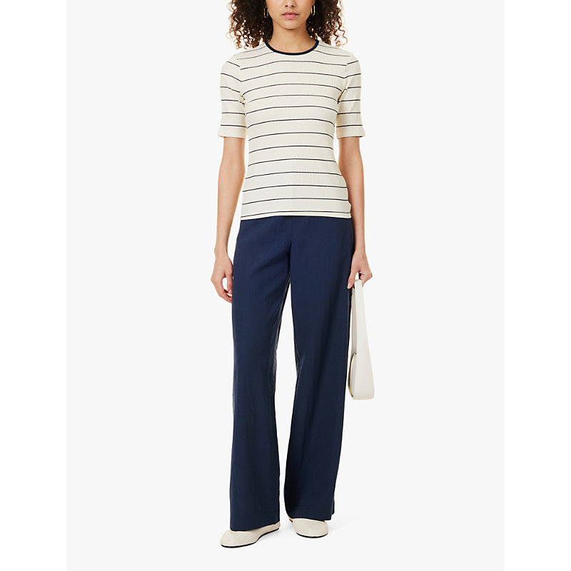 Womens Flaxen Stripe-pattern Round-neck Stretch-cotton T-shirt M