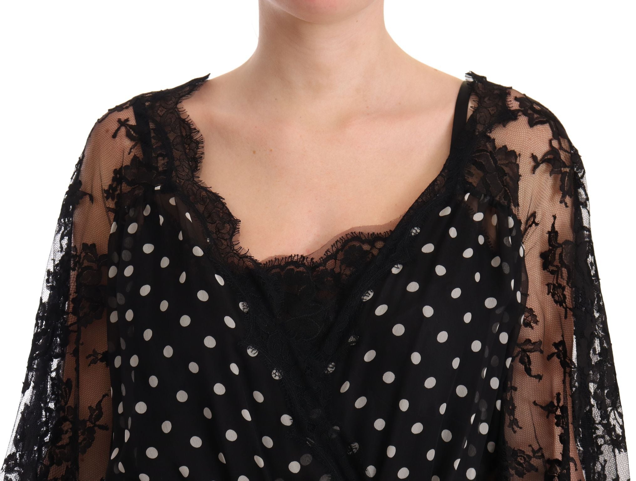 Lace Floral Polka Silk Dress — Black