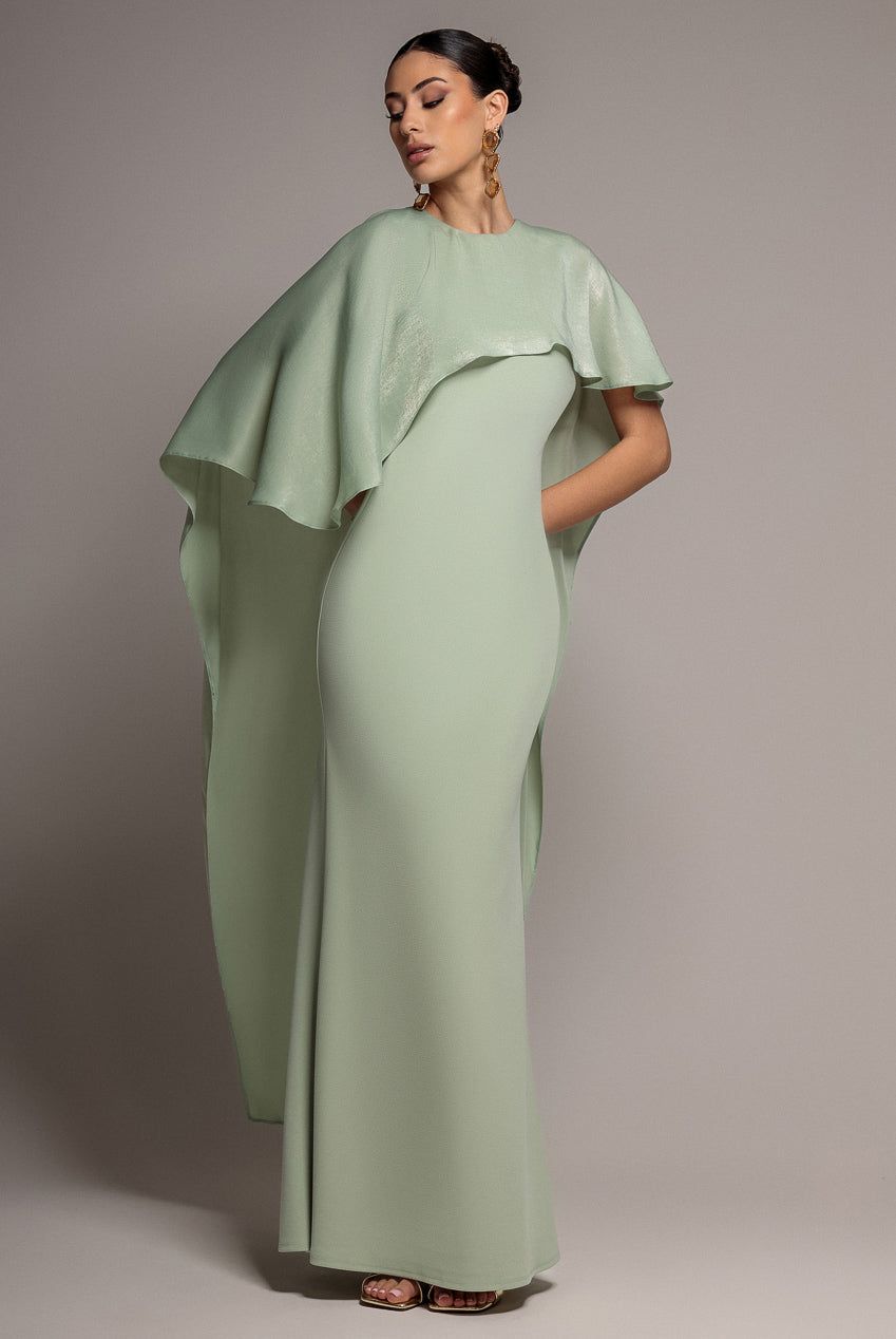 Goddiva Women's Scoop Neck Velvet Satin Cape Sleeve Maxi Dress in Pale Green