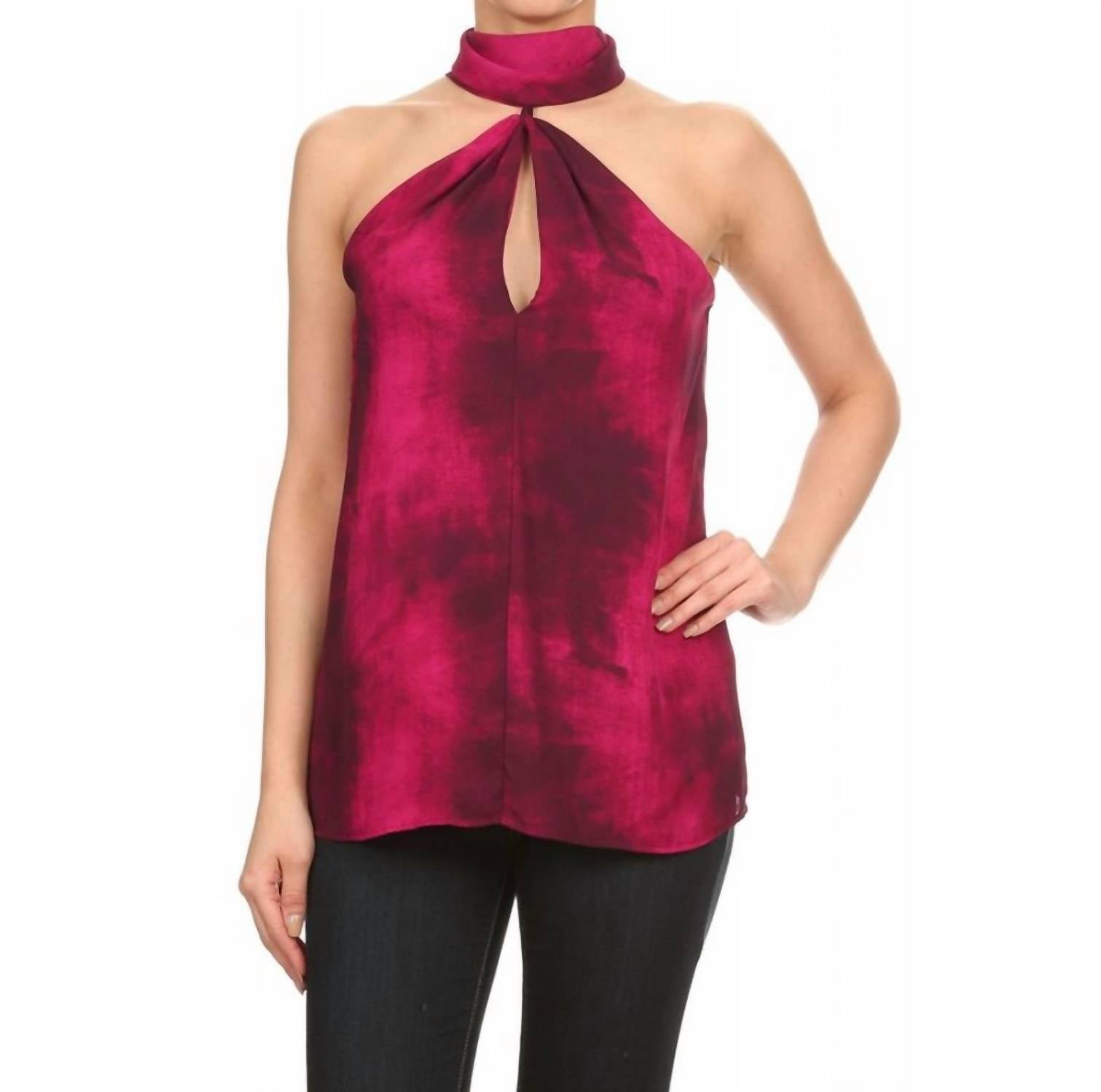 High Neck Tie-Dye Keyhole Top In Magenta