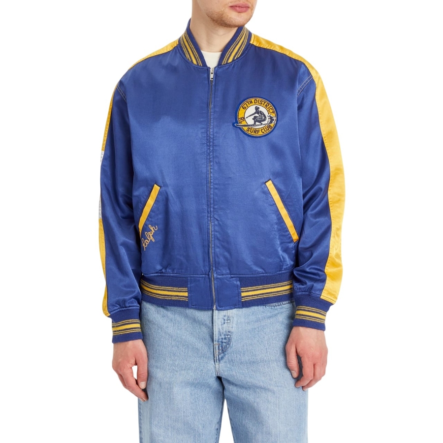 Surf Theme Letterman Lined Bomber Jacket