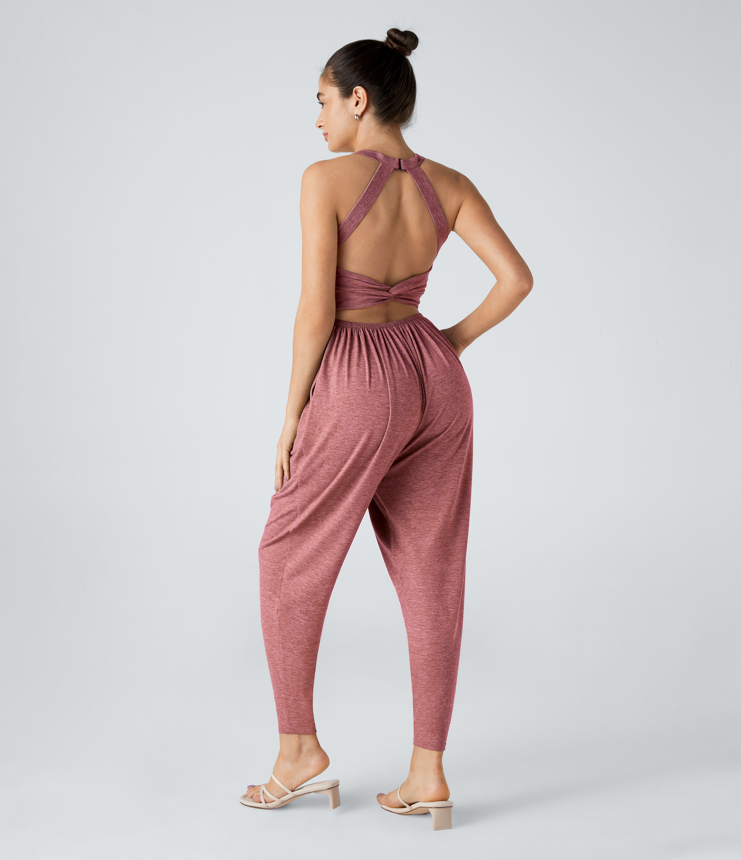 U Neck Pocket Harem Casual Jumpsuit-Easy Peezy Edition  - Brick Red Mix