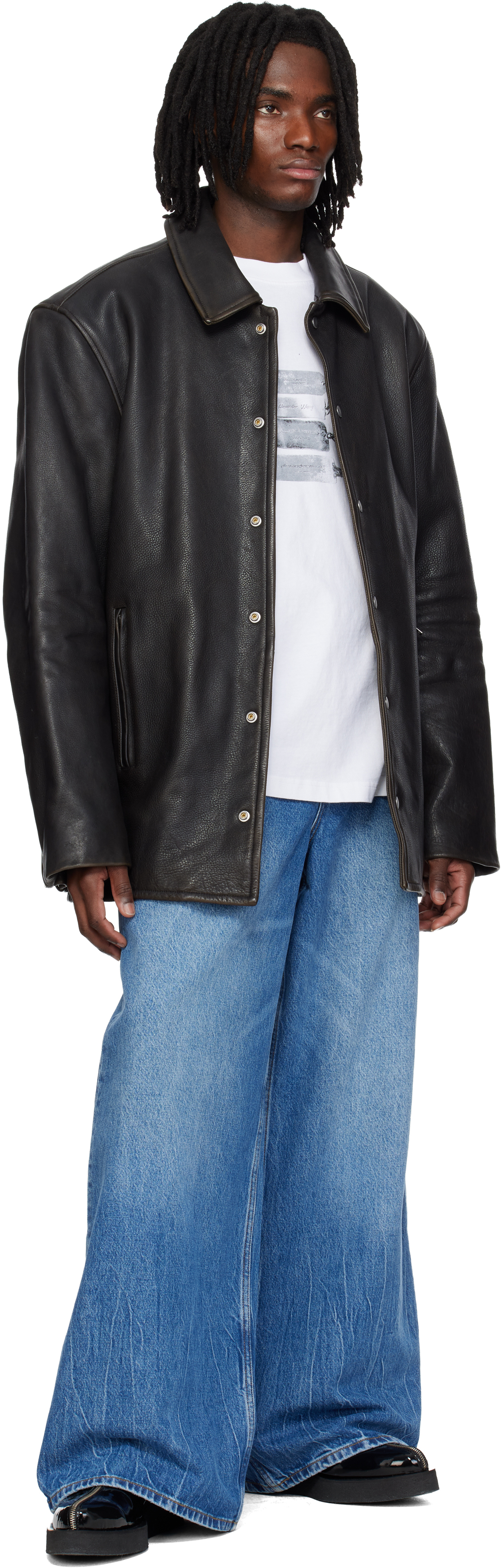 Black Snap Front Leather Jacket