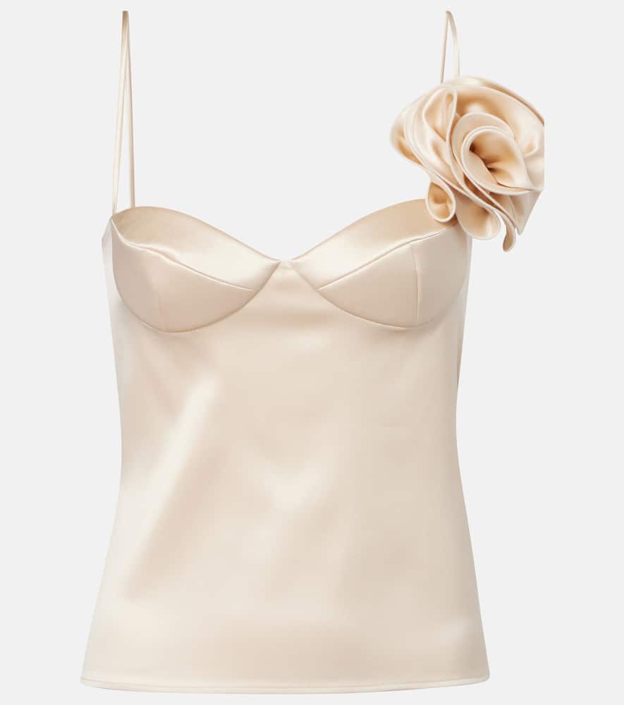 Floral-appliqué silk-blend satin top