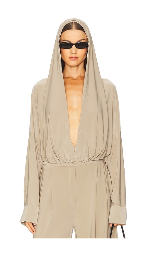 Norma Kamali Hooded Super Oversized BF NK Shirt Bodysuit in Taupe. -  S also in