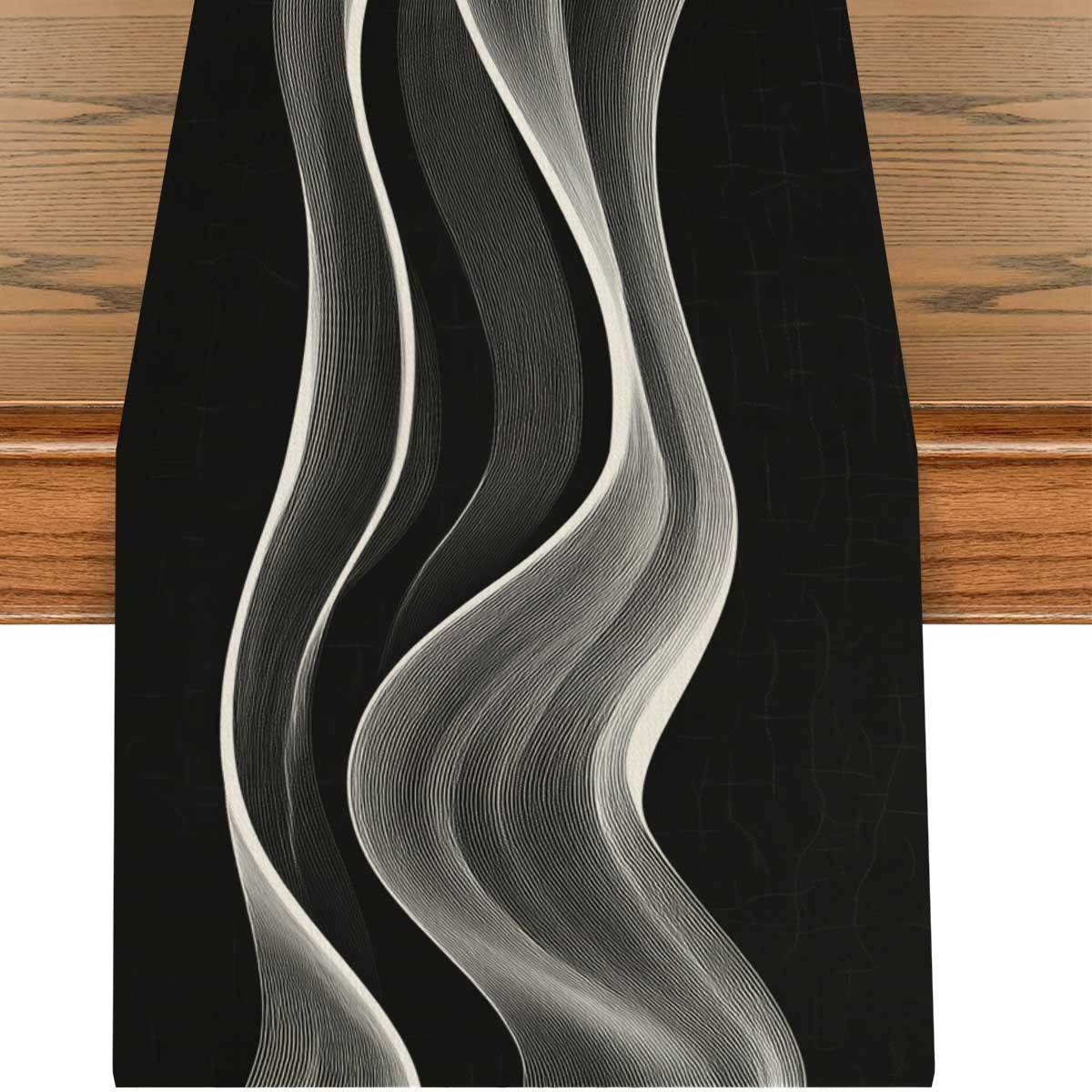TEMU Modern Abstract Table Runner - Black And White, Design, Polyester, Ideal For Home Decor, Suitable For Family Gatherings, Indoor/outdoor Use