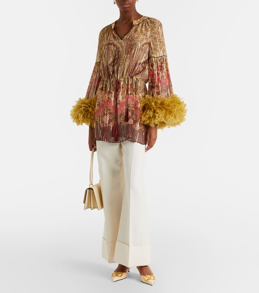Paisley feather-trimmed silk-blend blouse