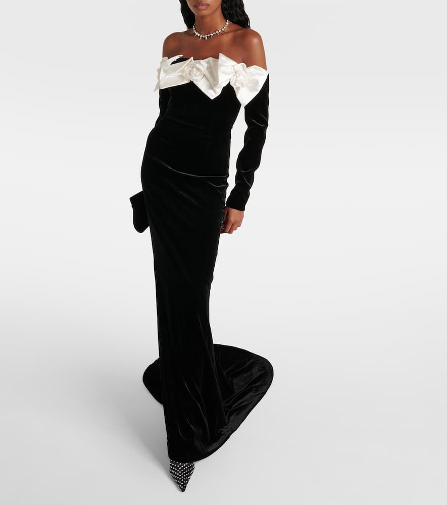 Bow-detail off-shoulder velvet gown