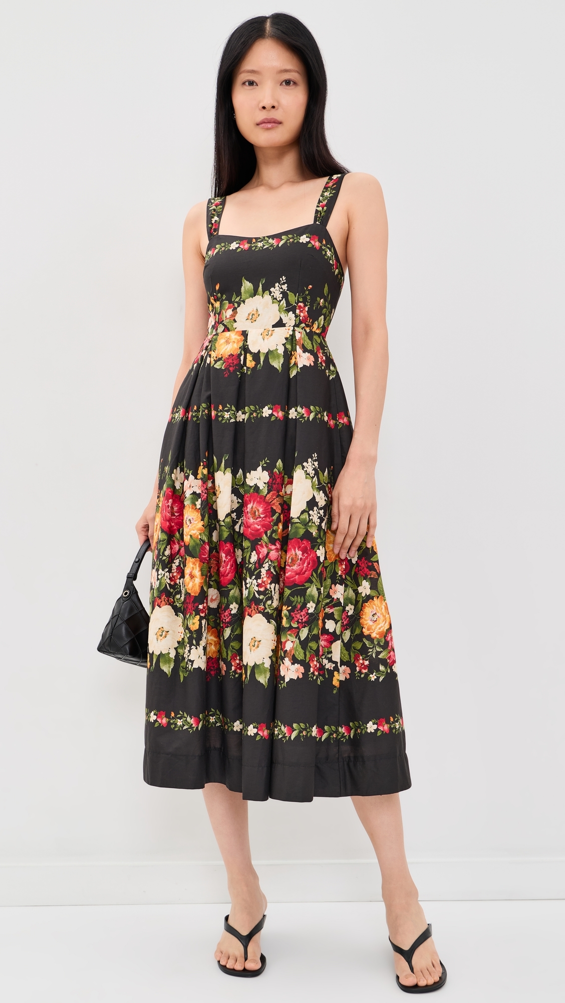 Floral Print Sweatheart Neck Midi Dress Black multi