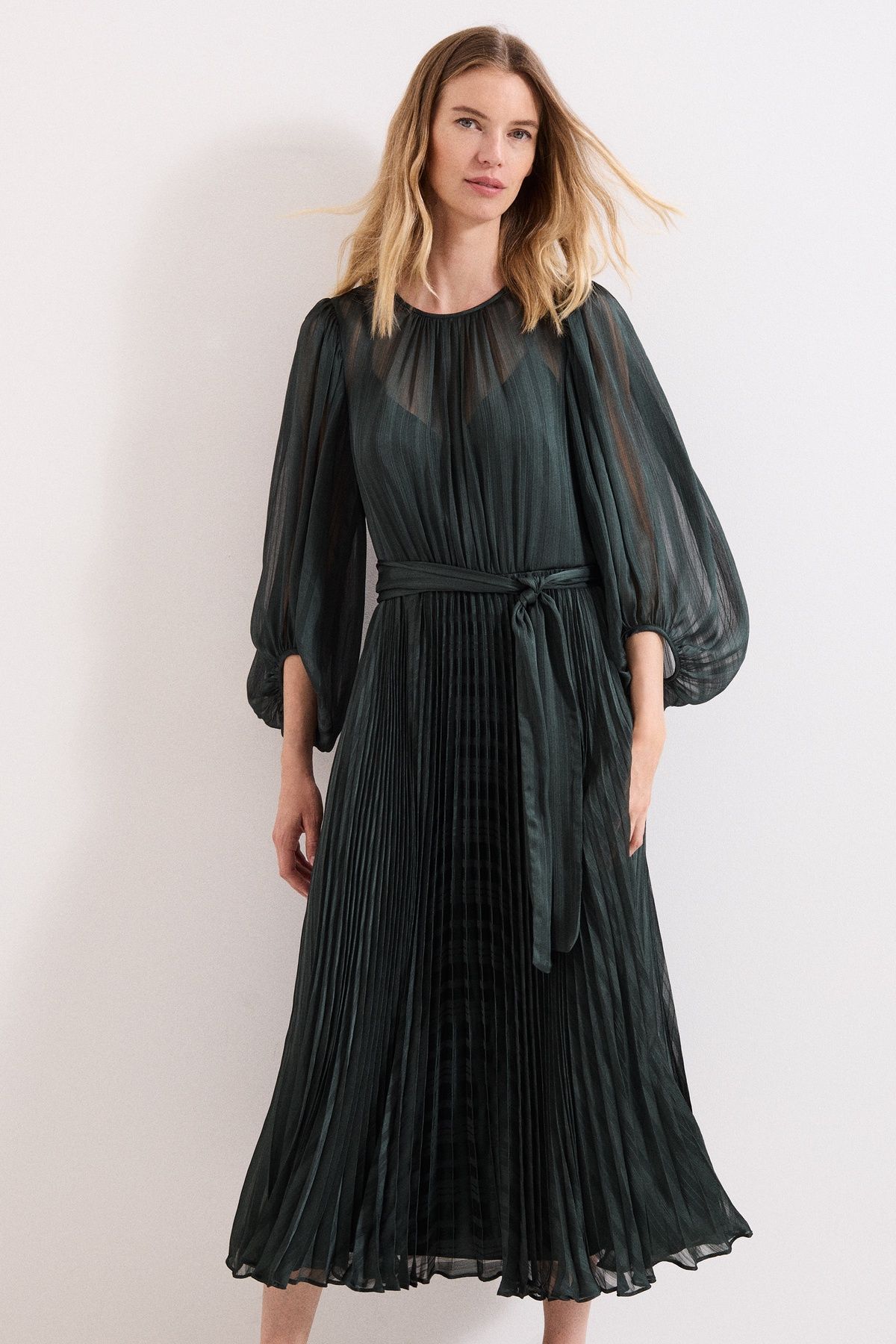 Phase Eight Women's Lucie Striped Pleated Midi Dress in Bottle Green