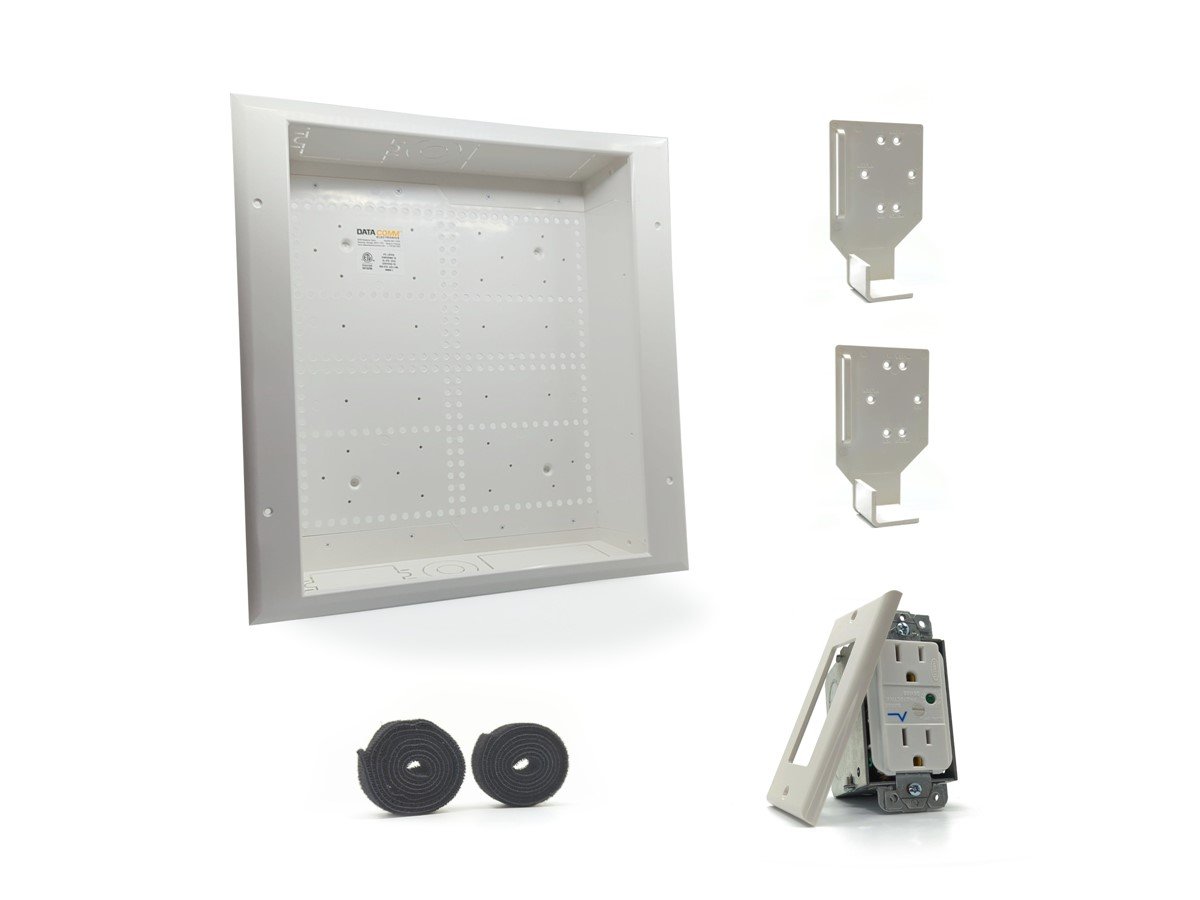 In Wall Connected Media Box - Recessed TV Outlet Box with Built-In Duplex Surge Protector Receptacle, High-Speed Connectivity Hub, Cable Man