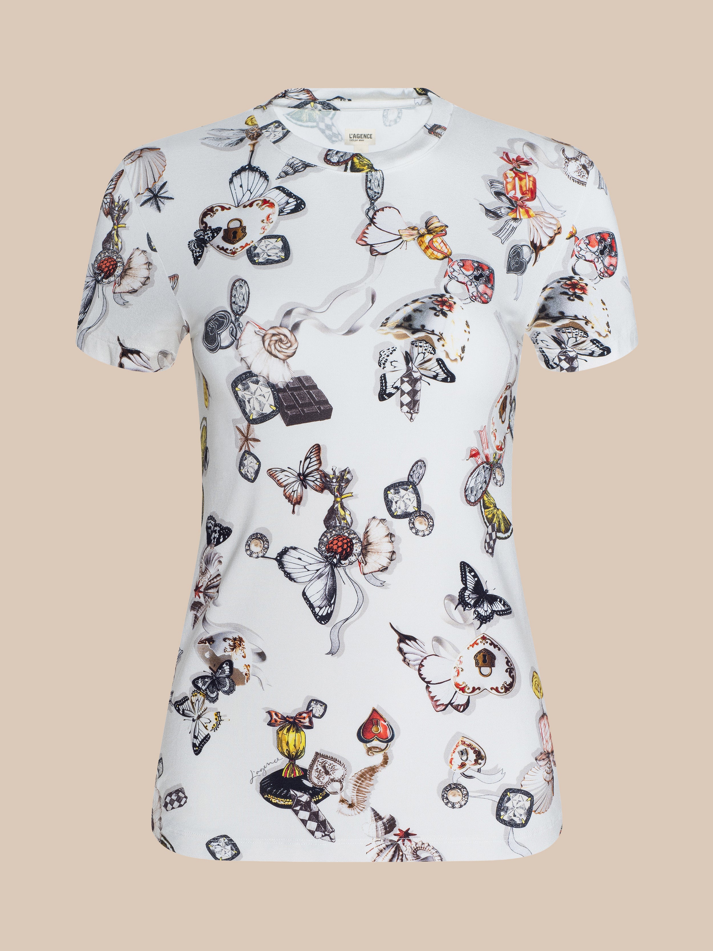 Ressi Fitted T-Shirt In Ecru Multi Lock Butterfly