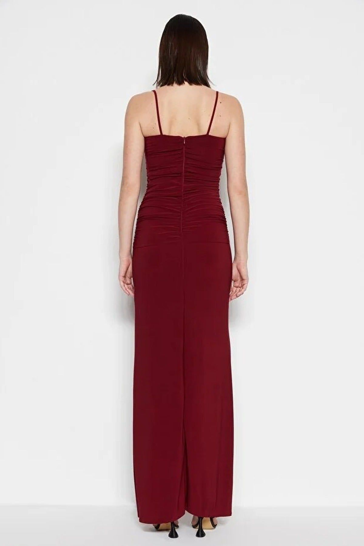 Wovcor Ruched Strappy Maxi Dress With Front Split Detail In Burgundy