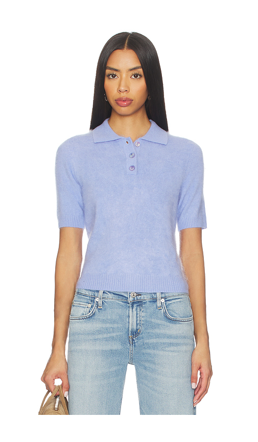 Autumn Cashmere Solid Cropped Short Sleeve Polo in Baby Blue. M. Also in