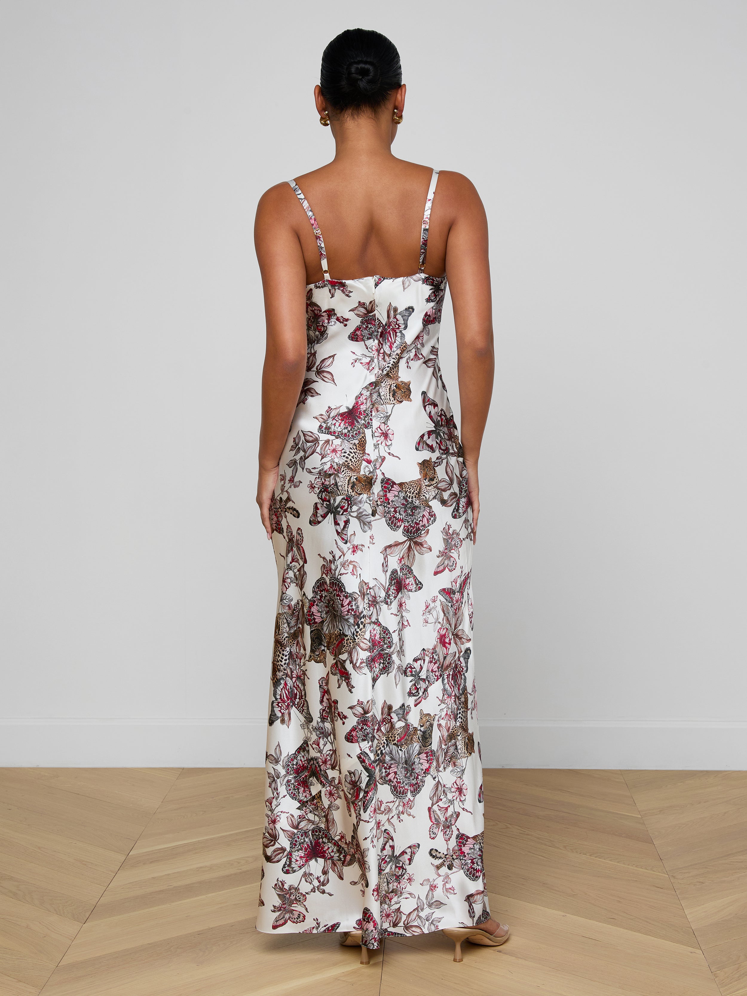 Sayla Silk Gown In White Multi Large Butterfly Jungle