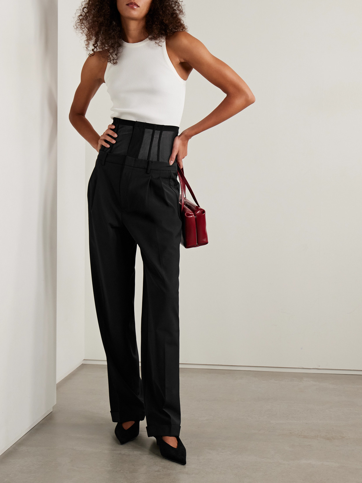 Mesh-trimmed Crepe Wide-leg Pants - Black