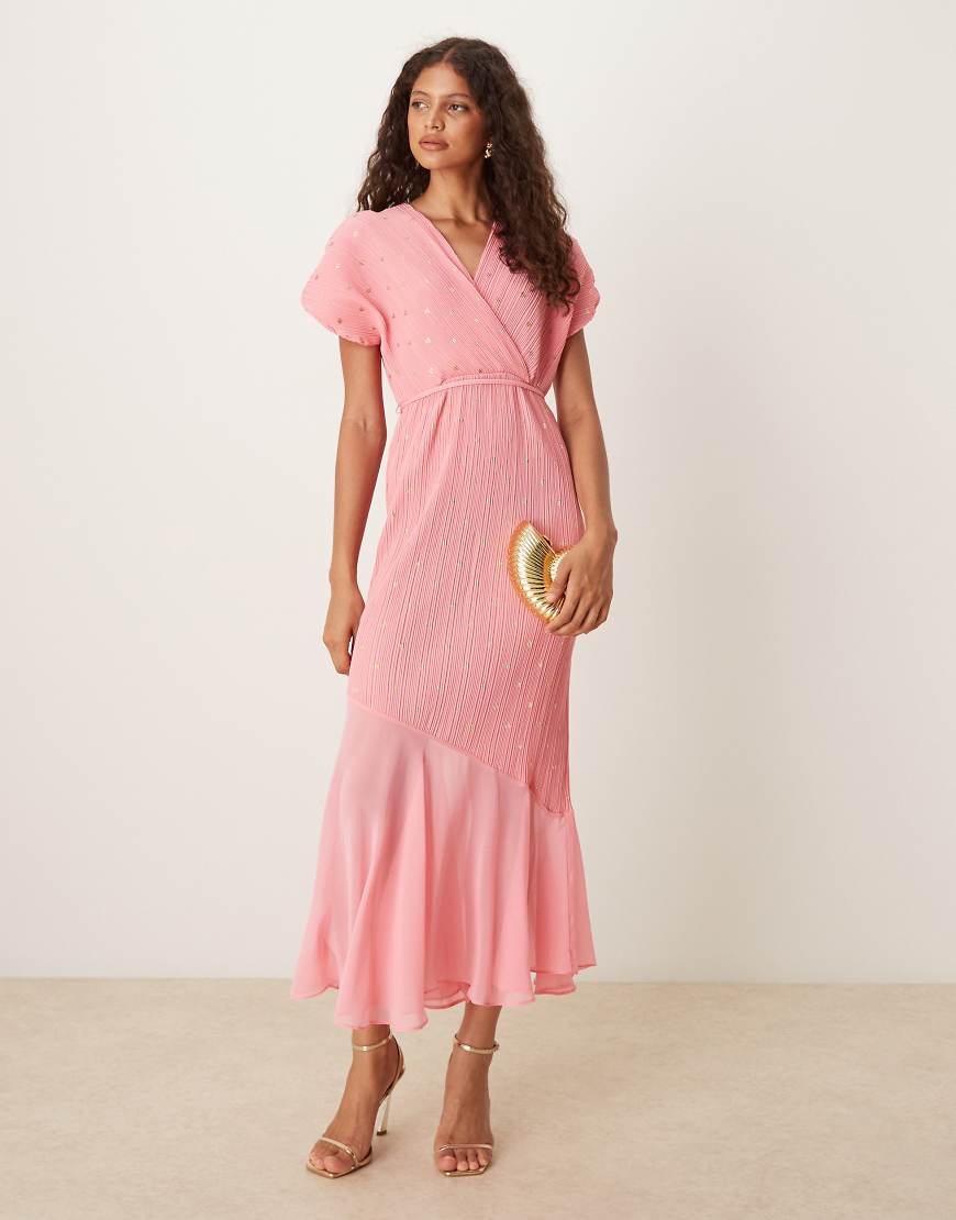 Asymmetric drop hem plisse midaxi dress in bright pink