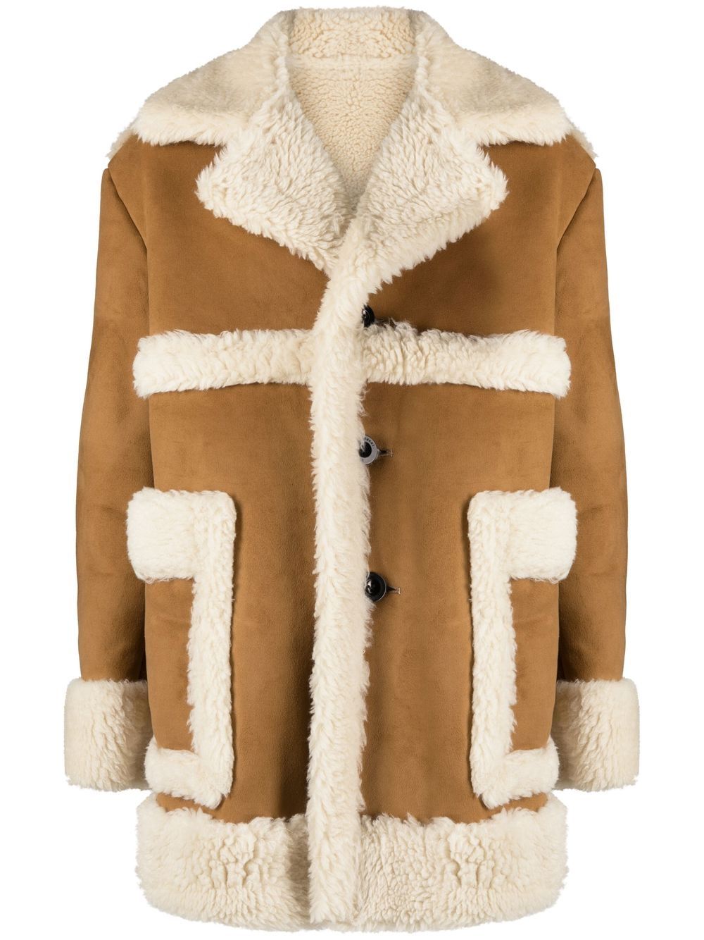 Faux-shearling single-breasted coat - Brown