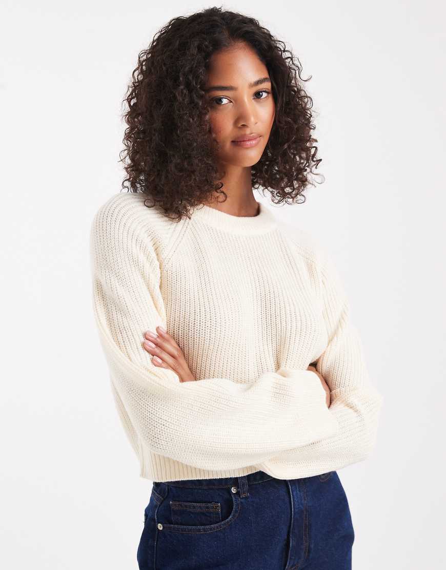 Boxy fit knitted crew neck jumper in oatmeal-Neutral