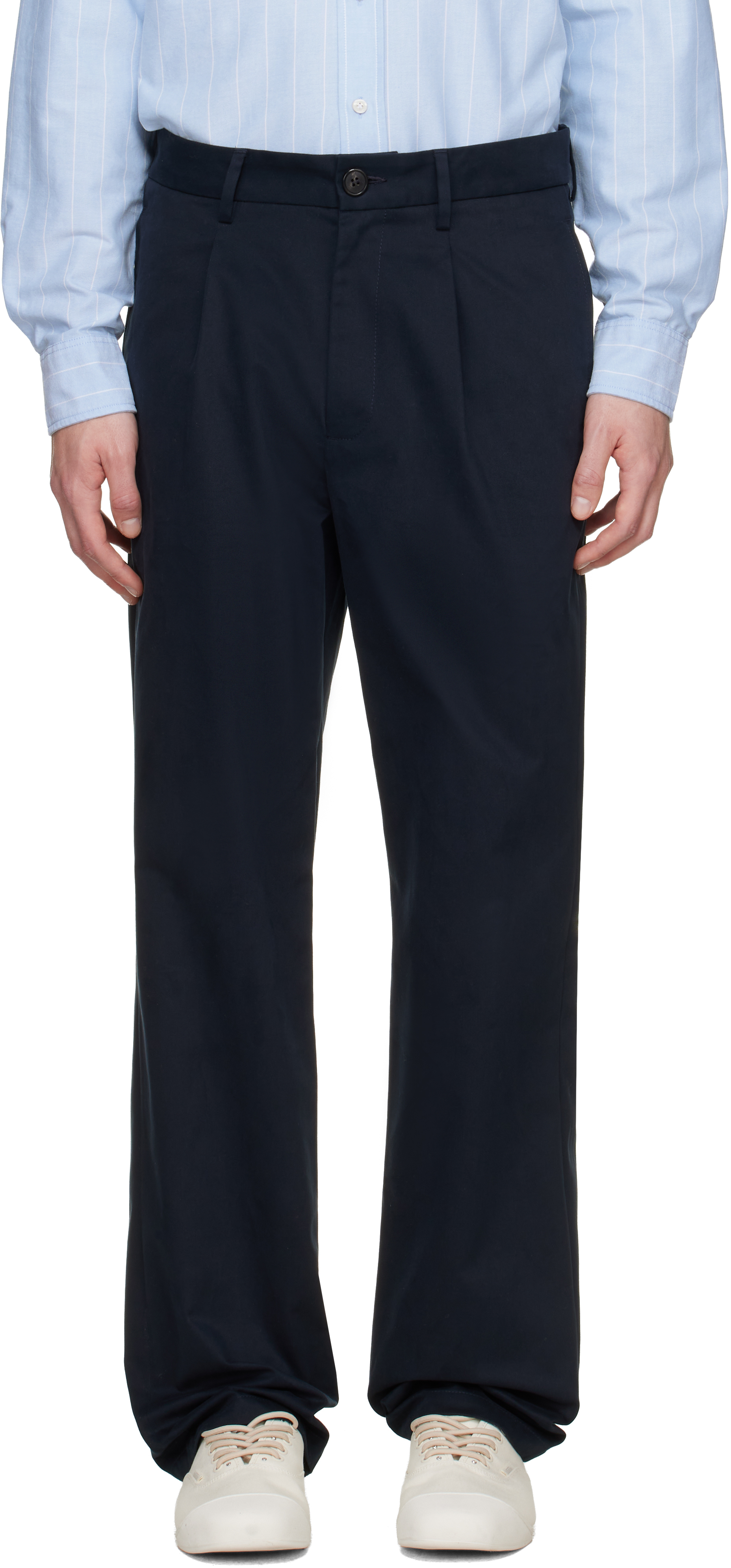 Navy Sanded Twill Pleated Trousers
