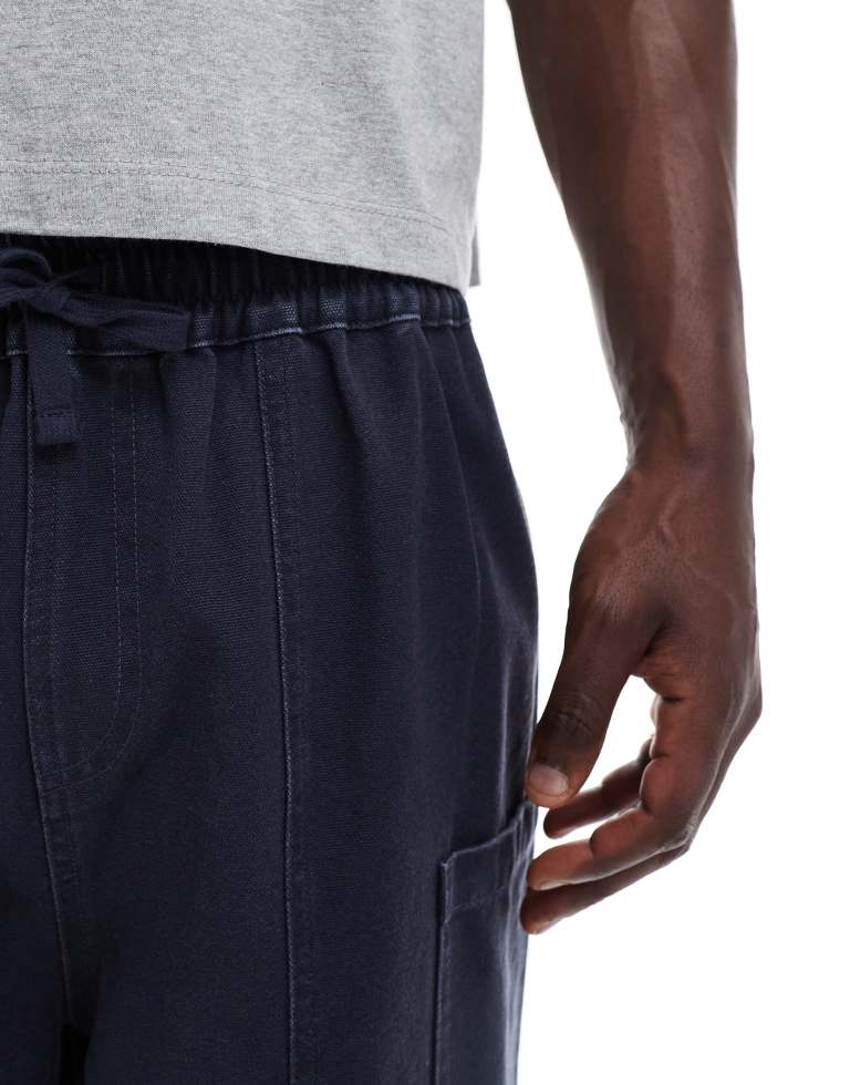 ASOS DESIGN Mens long length canvas cargo shorts in washed navy - Blue - Sma