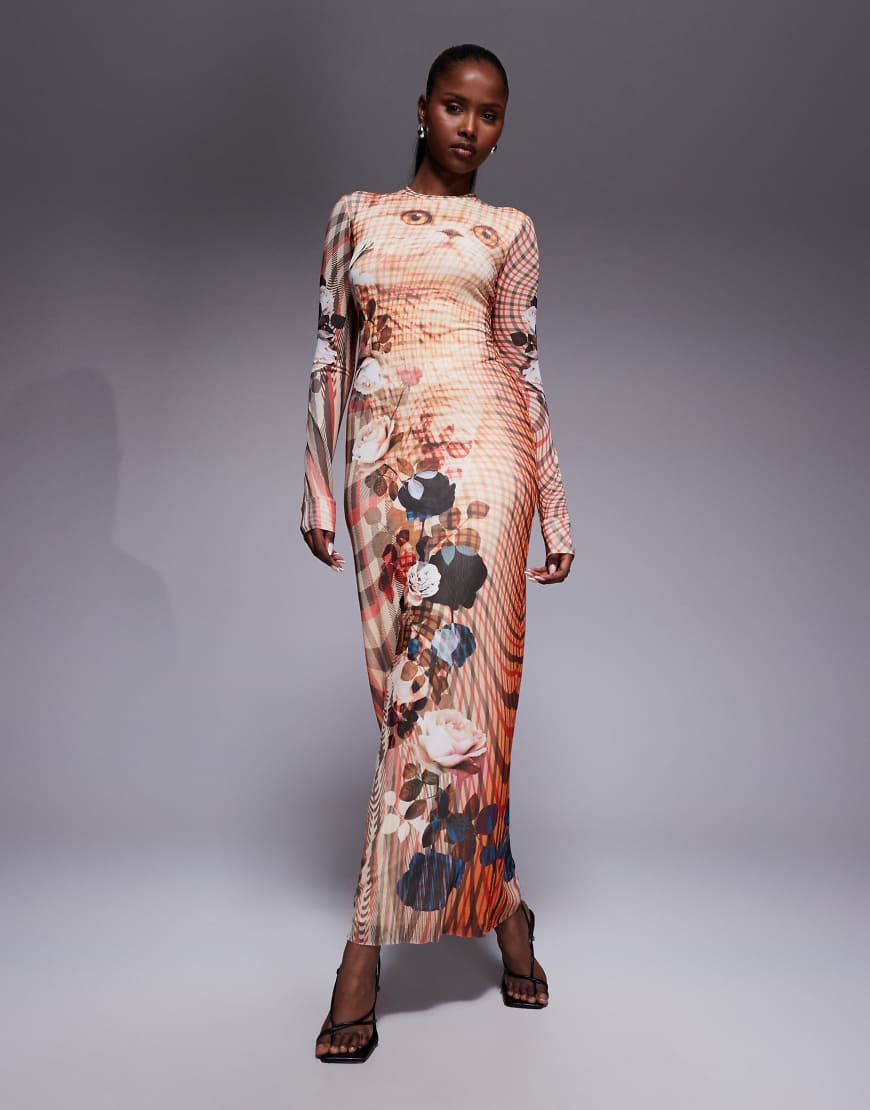 Crewneck long sleeved maxi dress in kitten plaid print-Multi