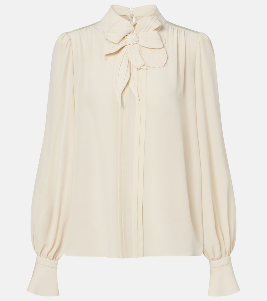 Floral-appliqué silk crêpe de chine blouse
