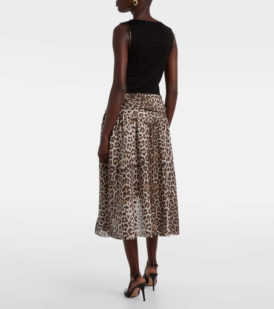 Lace-trimmed leopard-print asymmetric midi dress