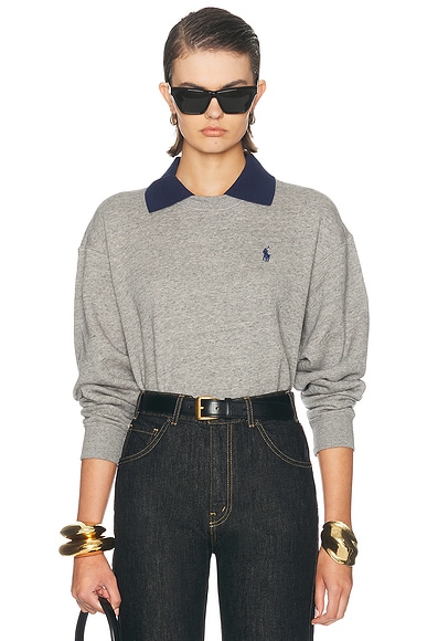 Polo Ralph Lauren Arctic Fleece Long Sleeve Collared Sweatshirt in Dark Vintage Heather - Grey. S also in
