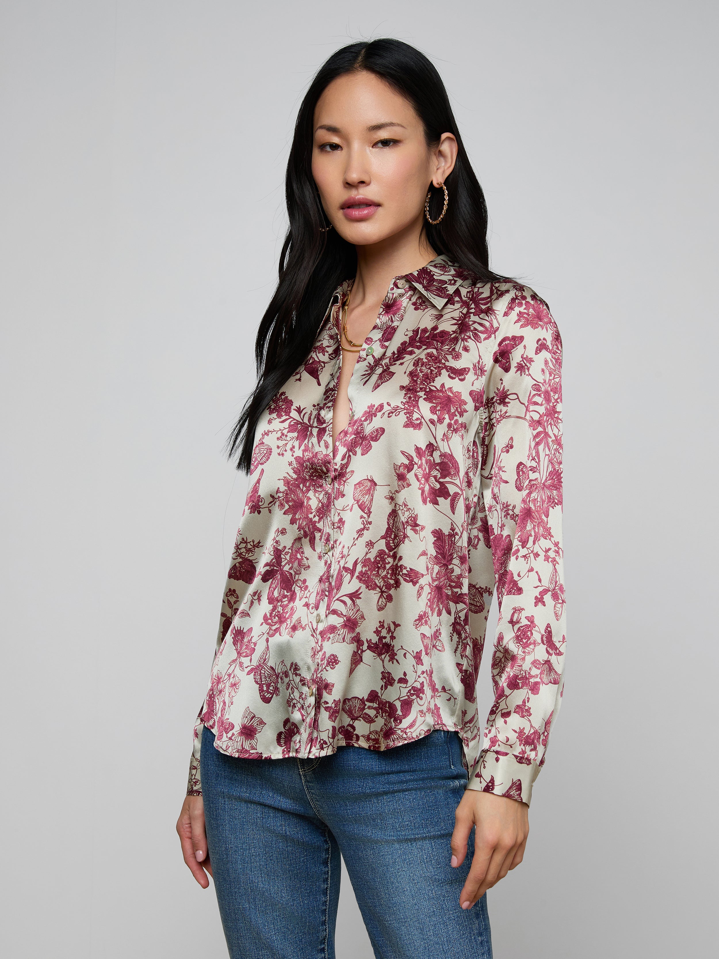 Tyler Silk Blouse Top In Tan/truffle Butterfly Toile
