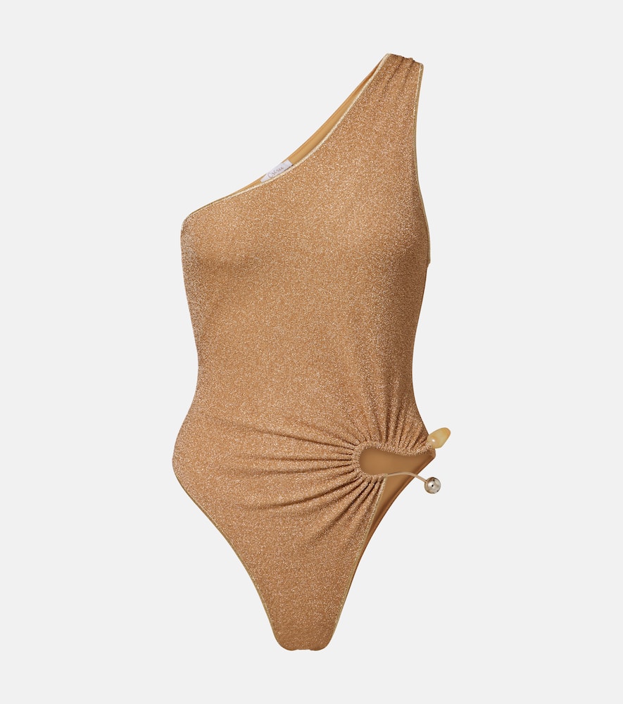 Oséree Embellished one-shoulder lamé swimsuit