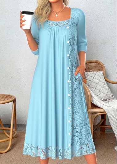 Modlily Light Blue Patchwork A Line 3/4 Sleeve Dre