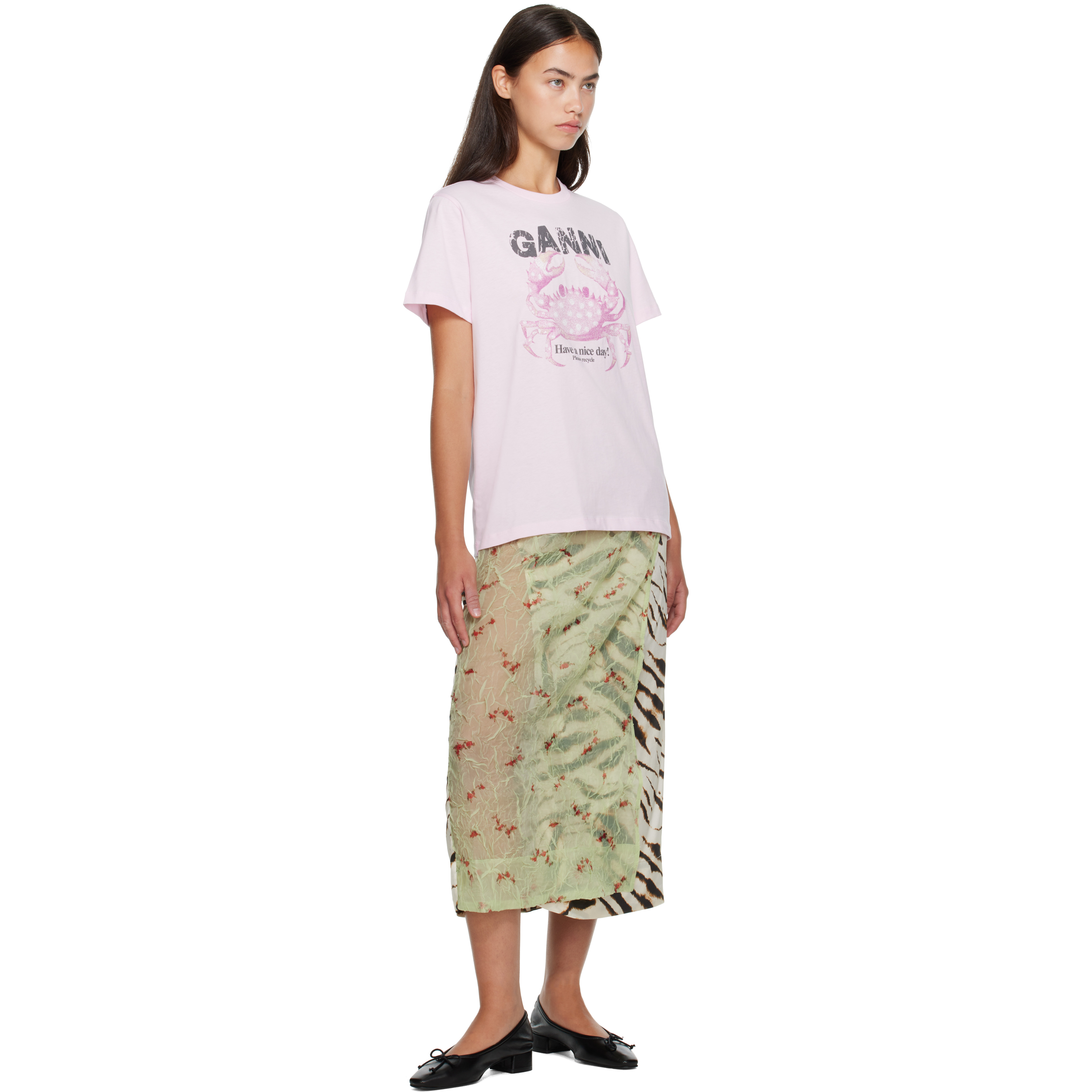 Off-White & Green Shibori Organza Printed Stretch Satin Maxi Skirt