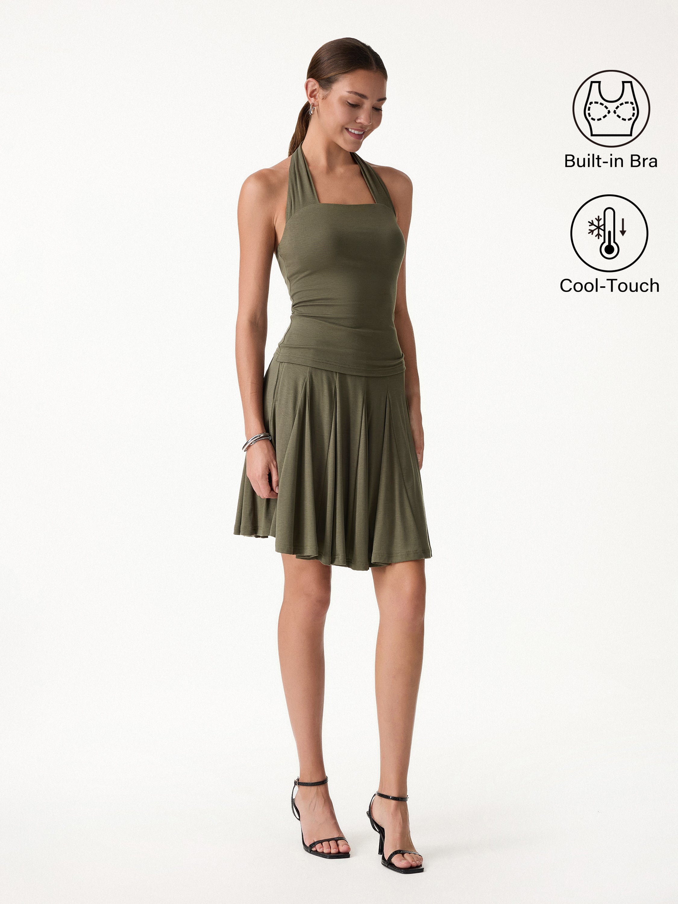 2Pcs Set Halter Going-Out Bra Top & Knee-Length Flare Skirt - Ever Olive / XS