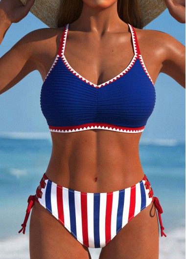 Modlily Lace Up Striped Navy Bikini Set