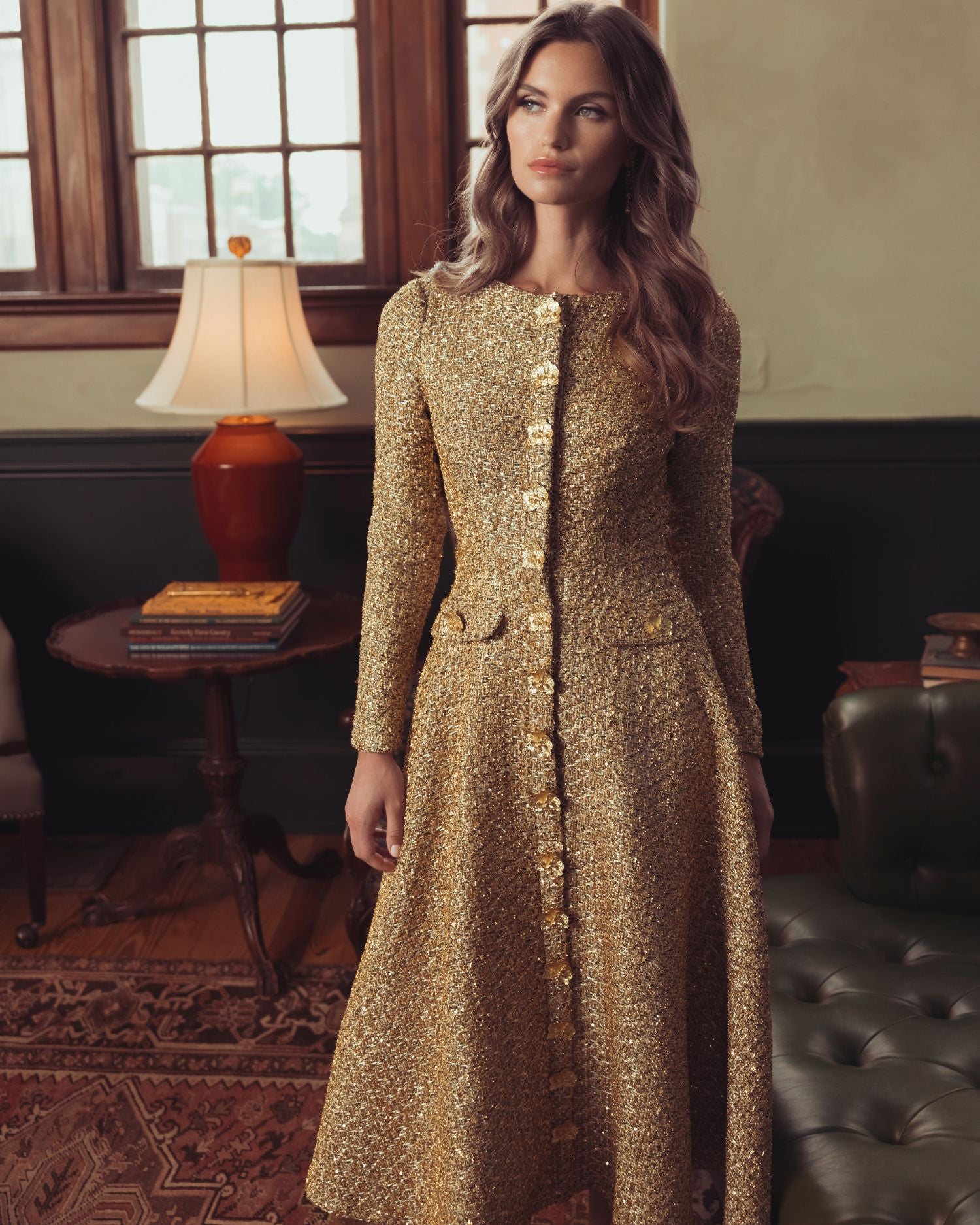 Gold Metallic Sequin Boucl Midi Dress