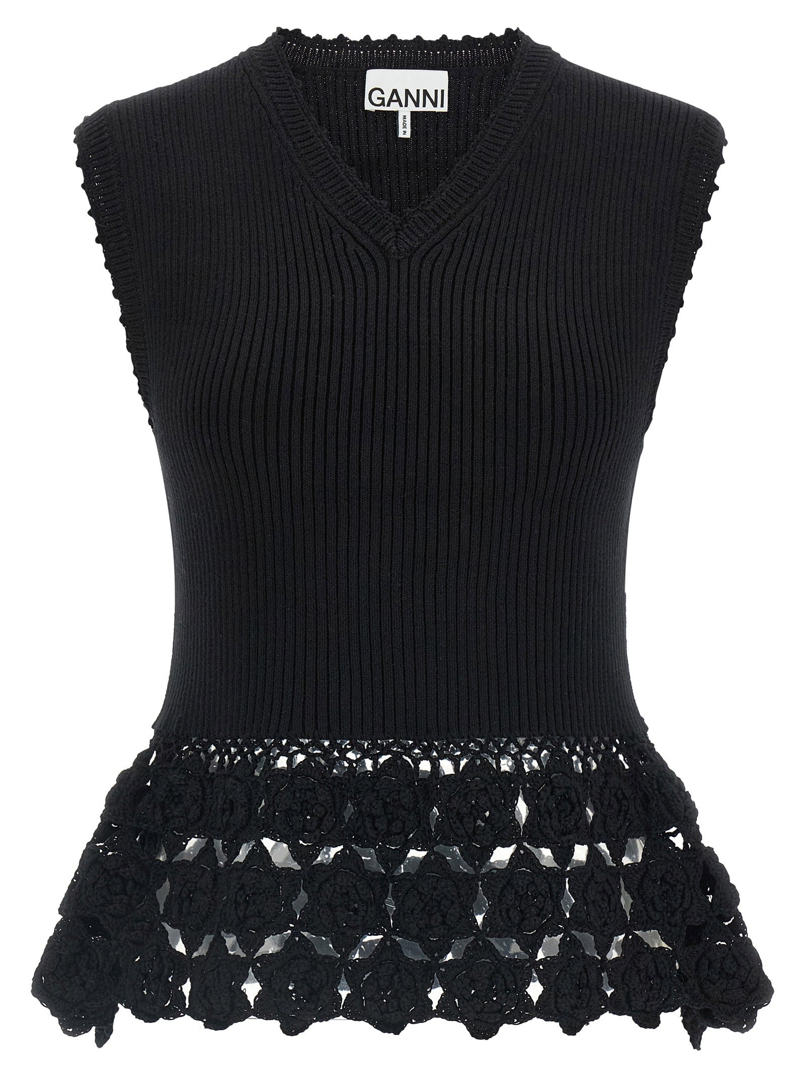Ribbed Organic Cotton with Crochet Hem Vest — Black