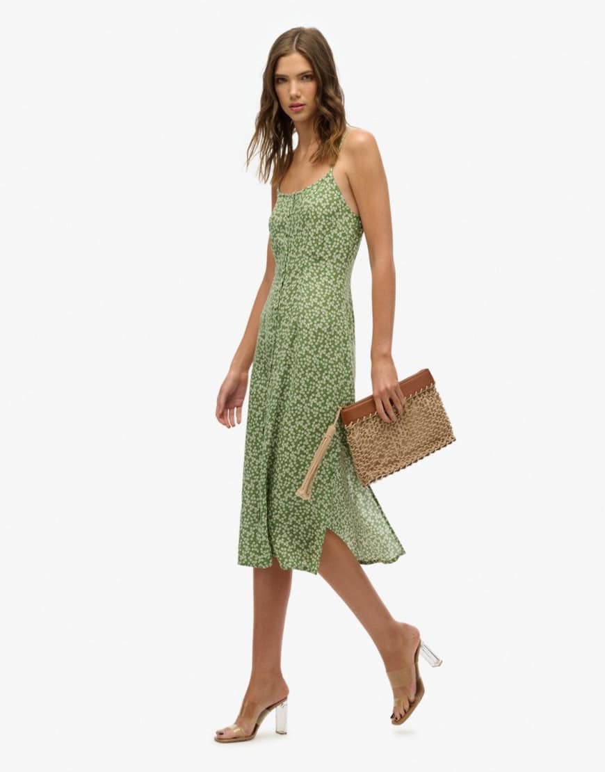 Printed button-up cami midi dress in green ditsy