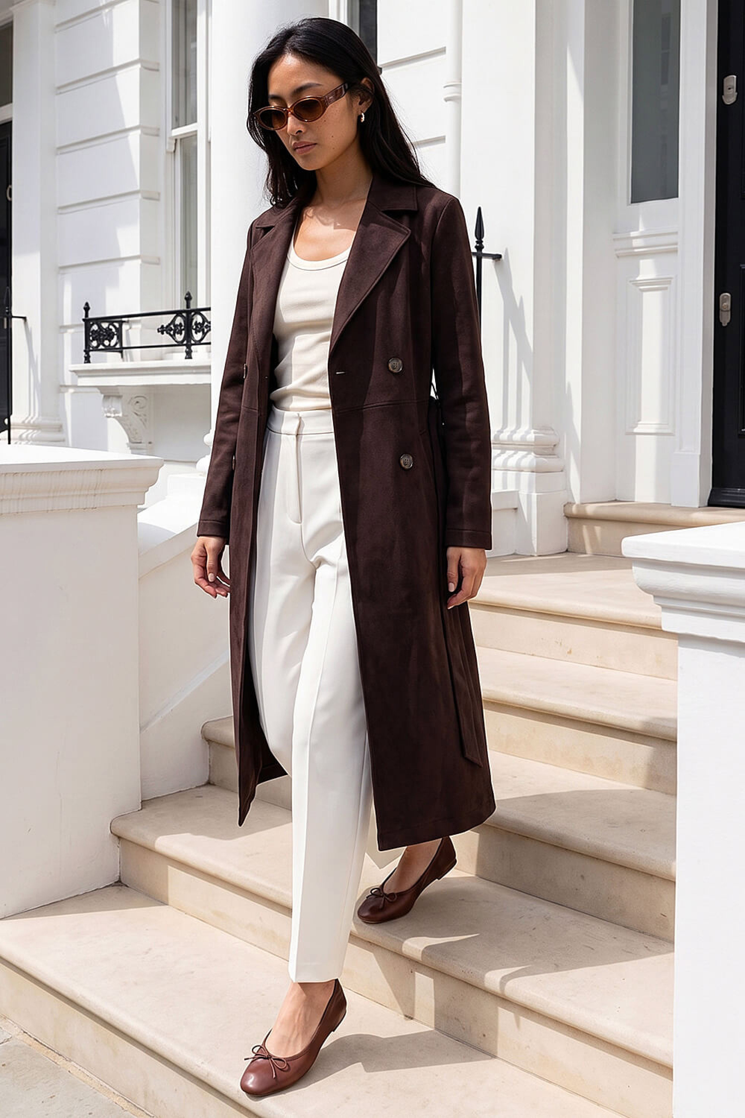 Roman Womens Petite Faux Suede Trench Coat - Dark Brown