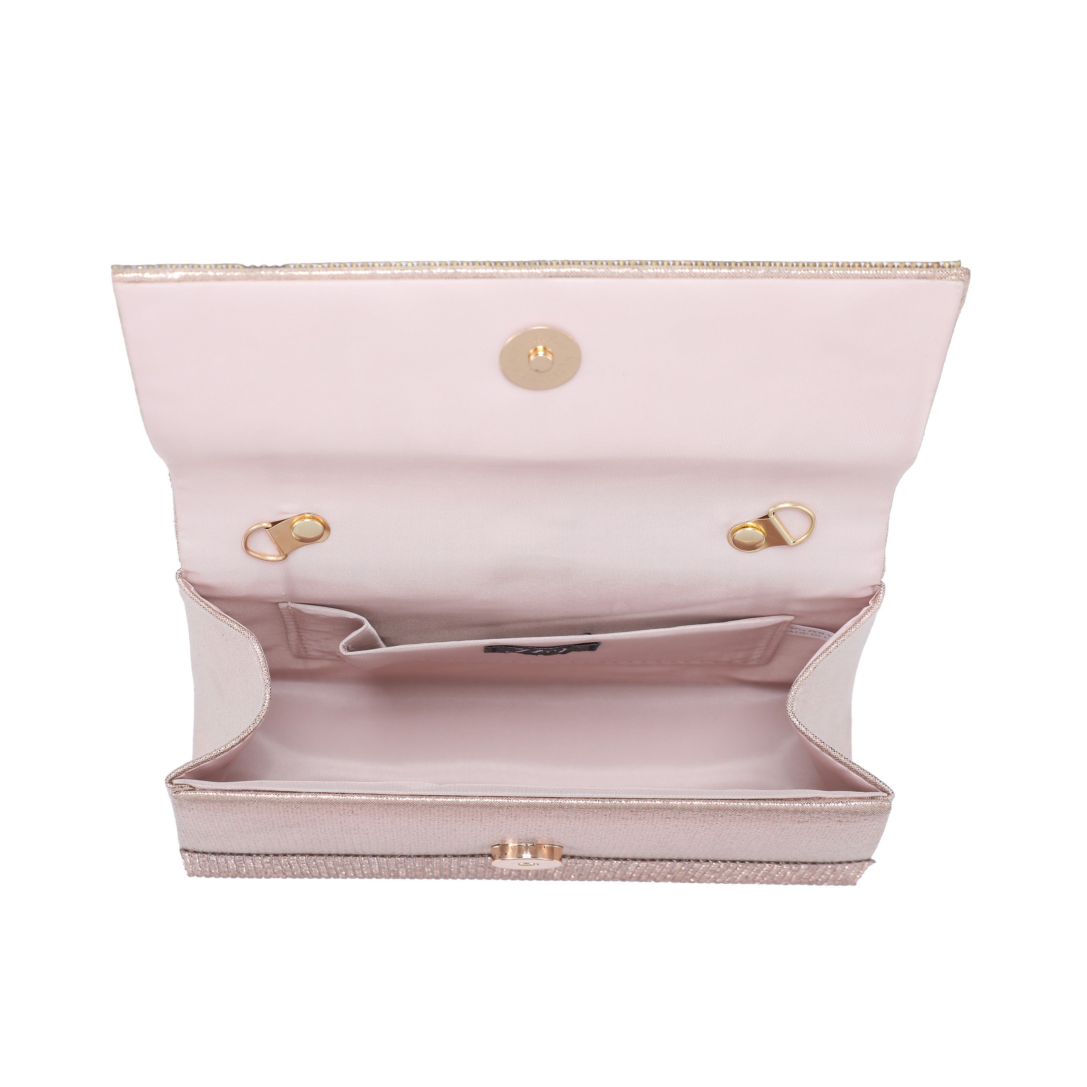 JFY Women's Flap Rhinestone Embedded Knots Top Handle Diamante Clutch Bag in Metallic Gold