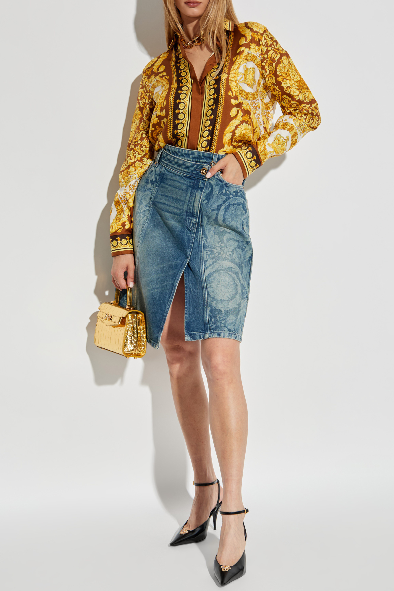 Denim Skirt With Front Slit, Women's, Blue